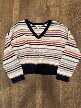 American Eagle Outfitters Striped V-Neck Sweater in Navy, Cream, Red, Blue, Tan